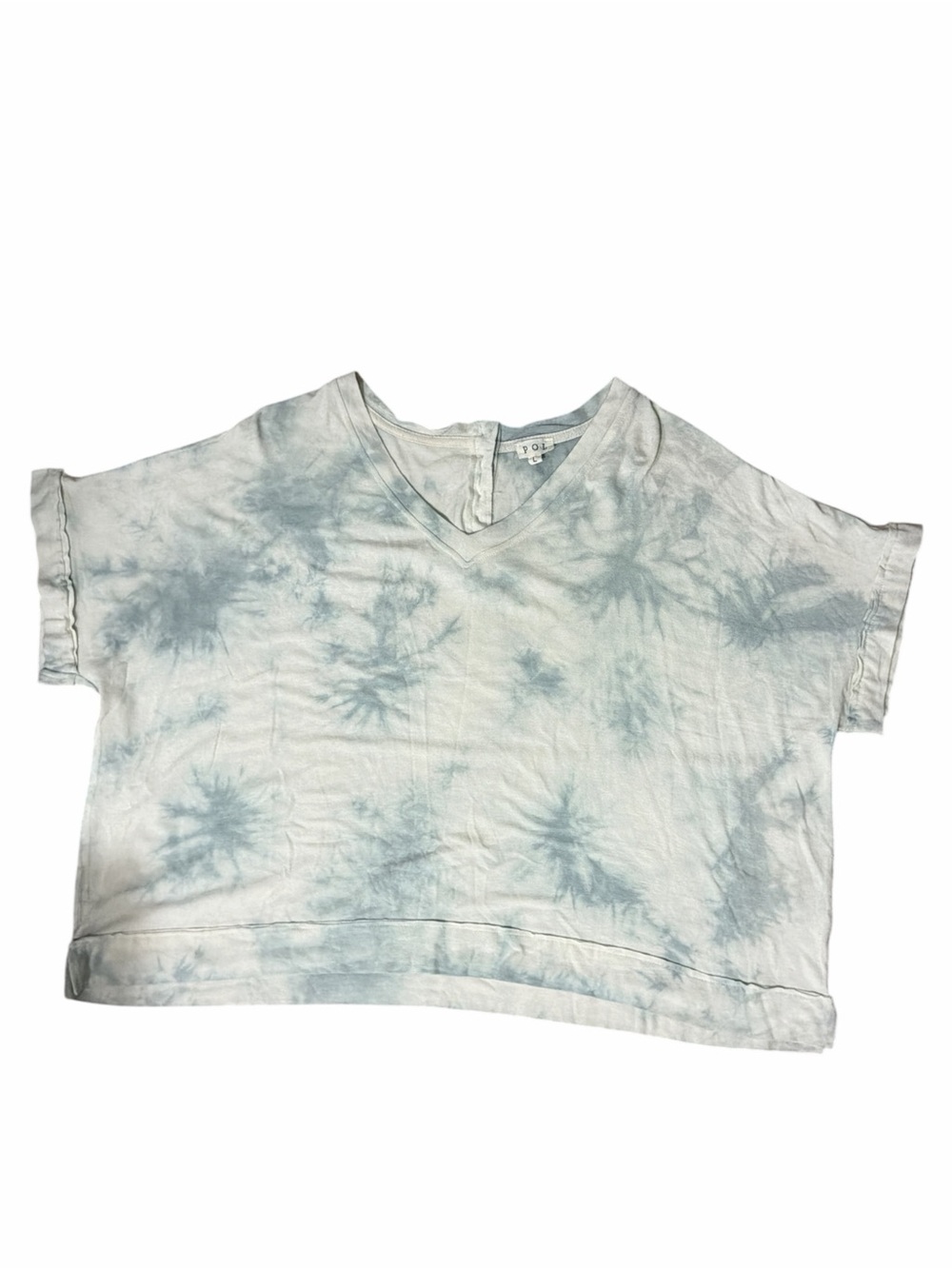 POL Tie-Dye Boxy V-Neck Top in Pale Blue and White